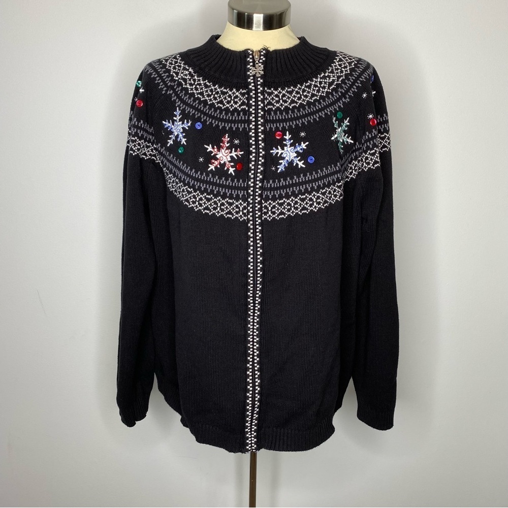 CJ Banks Snowflake Embroidered Zip Front Cardigan Sweater